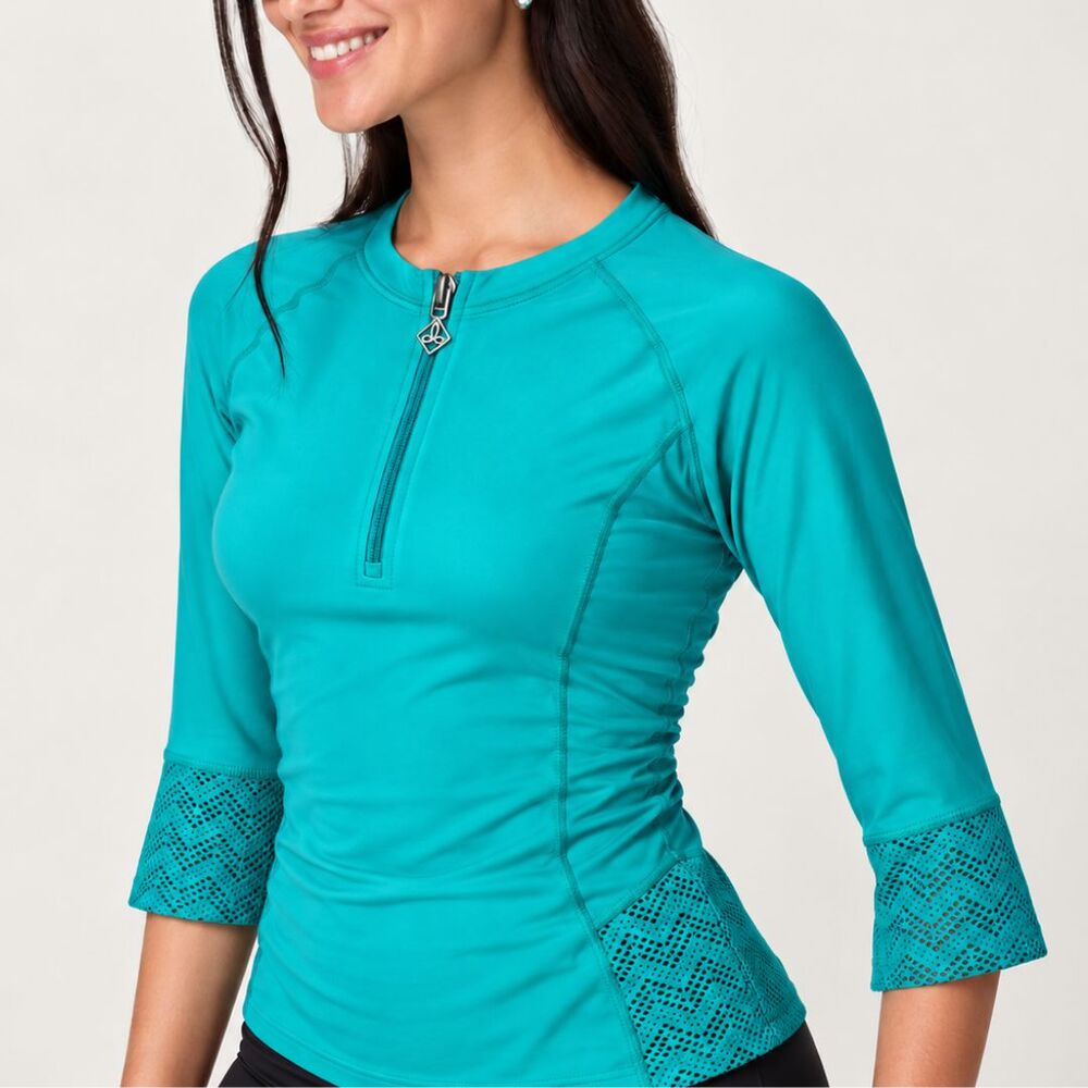 Prana Women's L NWT UPF 50+ Teal Quarter Zip Athletic Top 3/4 Sleeve Cutout Trim
